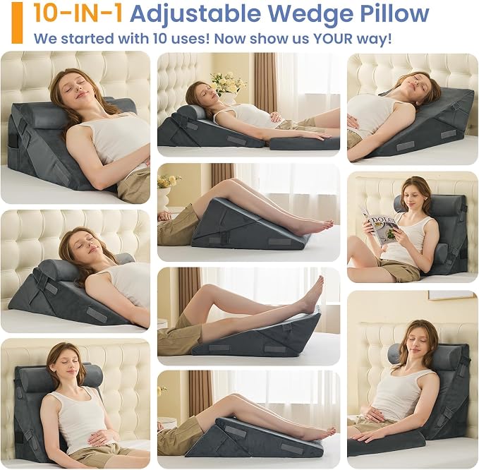 Sasttie Adjustable Wedge Pillow Set for After Surgery, Velvet - Dark Grey | Bed Wedge Pillow Headboard with Memory Foam Neck Cushion, for Acid Reflux, Sleeping, Neck & Back Support