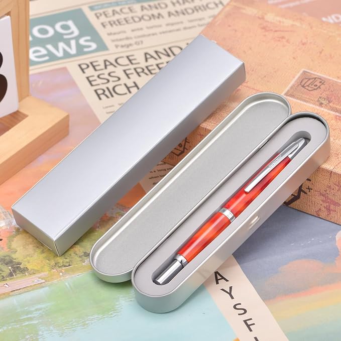 Jinhao 10 Press Fountain Pen with Box, Volcanic Red Retractable Medium Nib with Ink Converter Set (Silver Clip)