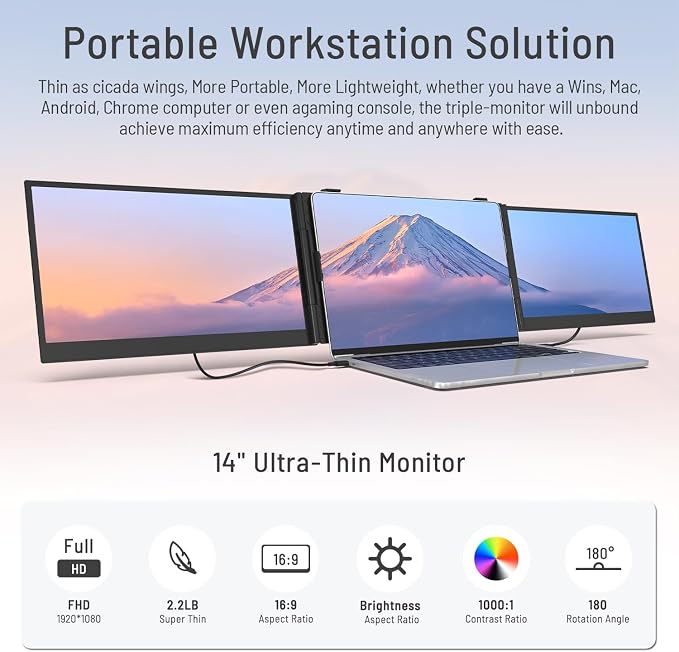 Triple Laptop Screen Extender, 14.1'' FHD 1080P Ultra-Slim Portable Monitor for Laptops, Two Cable USB-C Travel Monitor Extender Plug & Play for 13"-17" Laptop, Compatible with Wins/Mac/Android/Chrome
