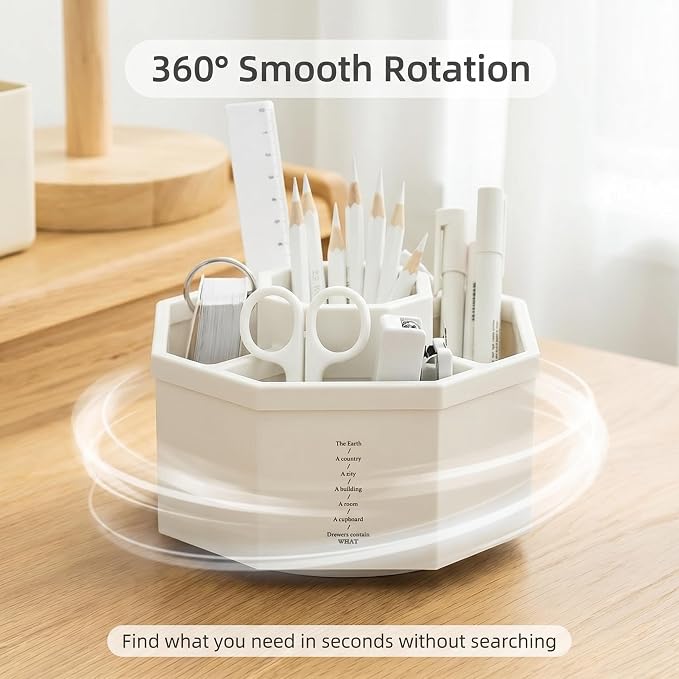 Jekelife 360 Degree Rotating Pen Holder,5-Compartment Desk Organizer,White | Smooth 360 degree rotating organizer with 5 compartments for pens, pencils, scissors, markers and office supplies.