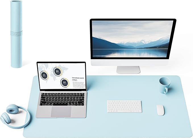 YSAGi Non-Slip Leather Desk Pad L Size, Waterproof Laptop Computer Desk Keyboard Mat, Table Protector Blotter Mat, Large Mouse Pad for Office/Work/Home/Decor(Sky Blue, 35.4" x 17")