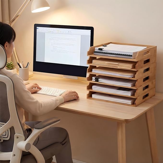 6 Pcs Stackable Paper Tray Bamboo Wood Desk Organizer Letter Tray 6 Tier Wooden File Organizer Desk Shelf for Documents, Letter Sorter, Envelopes and Magazine Holder