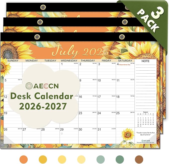 AECCN Desk Calendar 2026-2027 3 Pack, 18 Months Calendar, 17" x 11.4" Large Space, Anti Ink Bleed and Transparent Cover, Desktop Calendars with Stickers for Teacher supplies & Office Planning-Flower