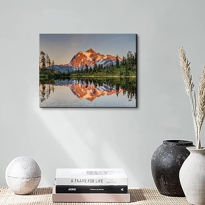Mt Baker Mountain Wall Art Sunset Forest Landscape Wall Decor Nature Mount Shuksan Picture Canvas Prints National Parks Posters Lake Reflection Painting Artwork for Bedroom Office Decorations 16x24"