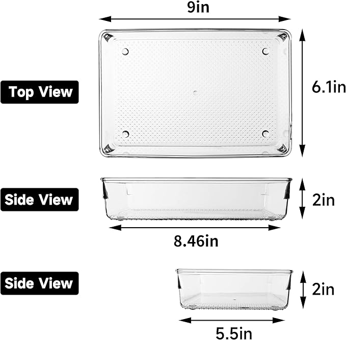 3 Set Clear Plastic Junk Drawer Organizer Vanity Curlery Utensil Makeups Organizer for Kitchen 6" X9''