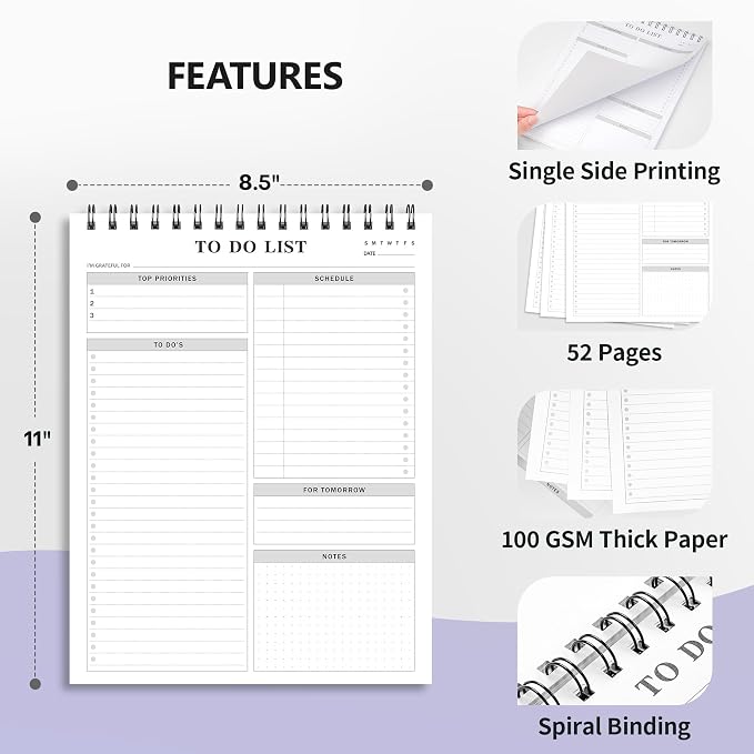 To Do List Notepad Notebook for Work 8.5"x11"Undated Daily Planner | Checklist Note Pad with Schedule, Task Tracker, Stay Organized, Office Supplies & Desk Accessories, 52 Tear-Off Sheets, Gray