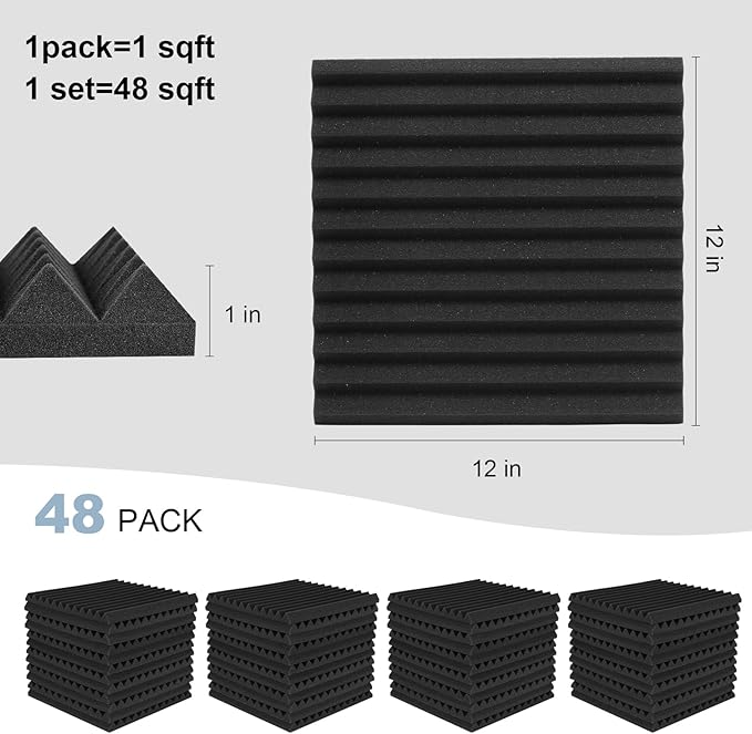 Sound Proof Foam Panels for Walls 48 Pack Acoustic Foam Panels with Self Adhesive 12" X 12" X 1" Wedges Acoustic Foam Panels Sound Dampening Panels