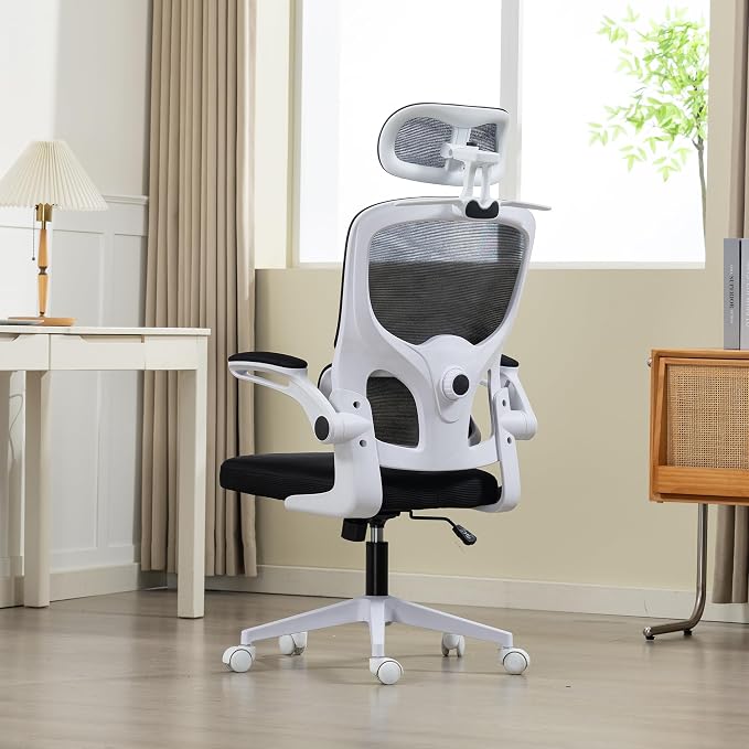 Ergonomic Office Chair with Flip-up Arms, White | Home Desk Chair w/ Coat Hook, Adjustable Headrest and Lumber Support, Mesh Computer Gaming Chair, 330 LBS