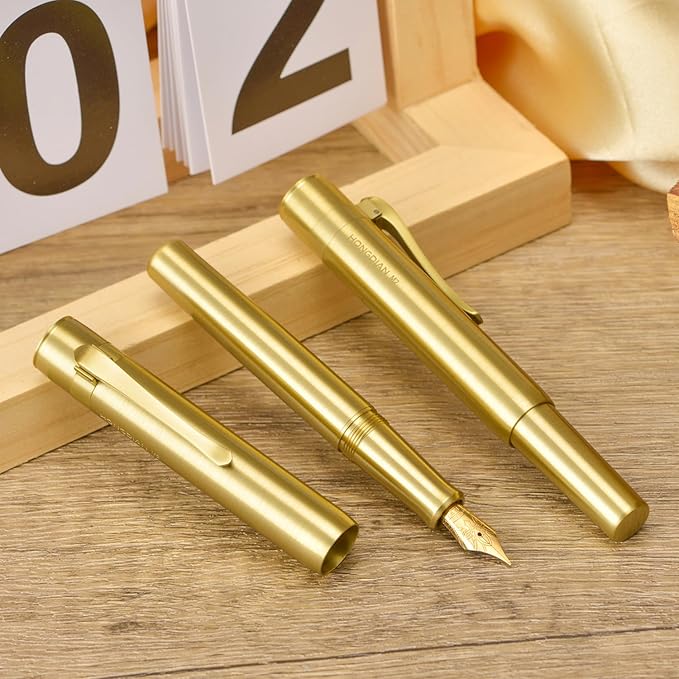HONG DIAN M2 Mini Brass Fountain Pen with Extra Fine Soft Golden Nib, Sleek Shape Short Pocket Travel Pen (Glossy Brass)
