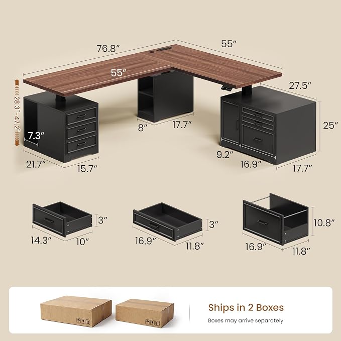 SEDETA Farmhouse L Shaped Electric Standing Desk with File Cabinet, 77 x 55'' Height Adjustable Home Office Computer Desk with 6 Drawers, Power Outlet, Sit Stand Desk, Black