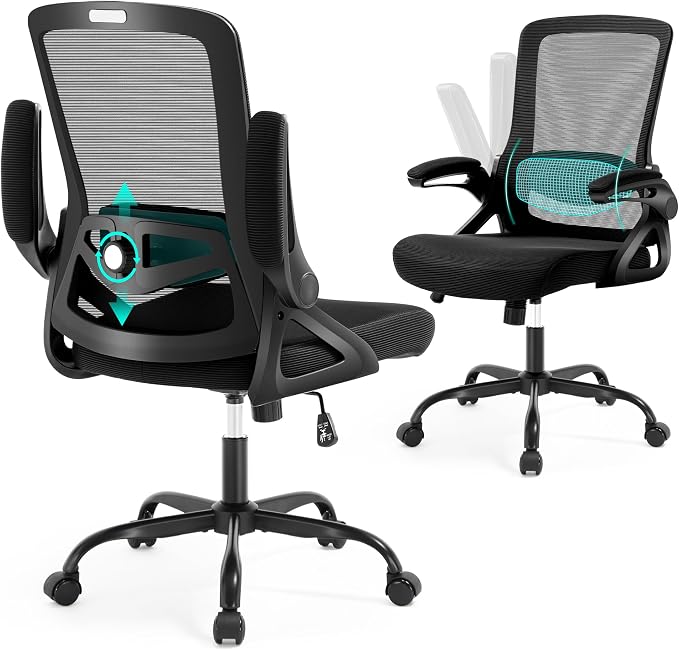 Executive Office Chair with Adjustable Lumbar Support Flip-Up Arms,Black | Desk Chair Breathable Mesh Comfy Computer Chairs with Flip-up Armrests Executive Task Chair for Adults Home Office,400lbs