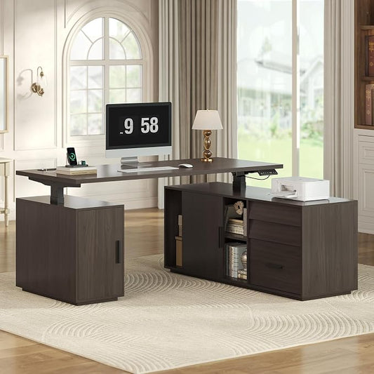 L Shaped Electric Standing Desk with 3 Drawers and Power Outlet, 55.1" x 47.2" Height Adjustable Home Office Executive Desk with File Cabinet and Storage Shelves, Modern Large Business Computer Table