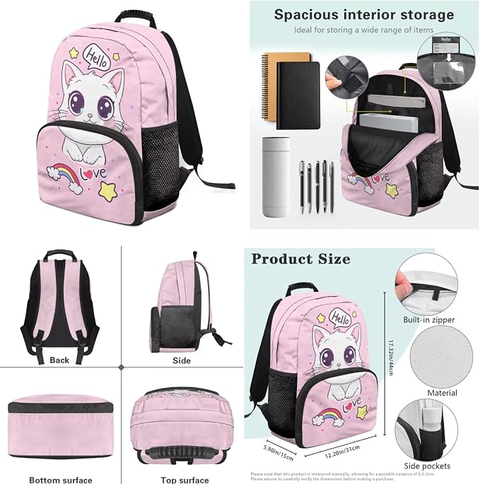 Ystardream Kids School Backpack for Girls Cute Cat Backpack with Lunch Box Pencil Case Water Bottle Sleeve for Girls 8-10 Teens Kids Bookbag Elementary Middle University School Bag 4 in 1