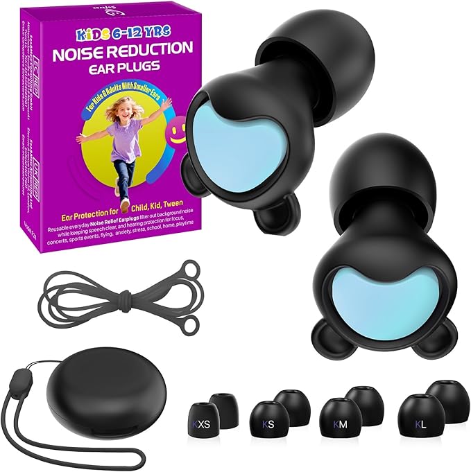 Kids Ear Plugs (6-12 yrs) - Reusable Noise Relief Earplugs for Focus, Travel, Concerts, Sports Events, Noise Sensitivity - 4 Sizes Ear Tips in XS-L, 1 Pair,BKBU