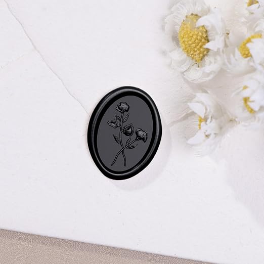 UNIQOOO Wax Seal Stickers - 3D Flower Oval Shape Wedding Invitation Envelope Seal Stickers, 50 Pcs Self- Adhesive Black Stickers, Perfect for Invitation, Christmas, Gift Wrapping