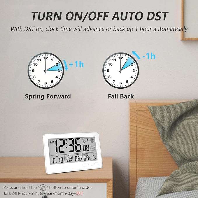 Small Desk Atomic Alarm Clock for Bedroom, Self-Calibrating Time and Date Clock with 4 Time Zone, DST, Temperature, Humidity, Alarm and Snooze for Children's Bedroom, School