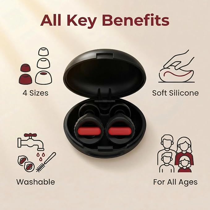 Ear Plugs for Noise Reduction – Reusable Silicone Earplugs with Filter Technology for Sleeping, Travel, Focus, Concerts & Motorcycling Ear Plug +8Tip (Black-red)