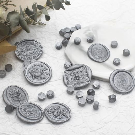 250pcs Wax Seal Beads Silver, Andotopee Premium Sealing Wax Beads for Stamp Seals, Octagon Metallic Seal Stamp Pellets Refill Pack for Wedding Invitation, Letter Envelope, Scrapbook DIY Crafts