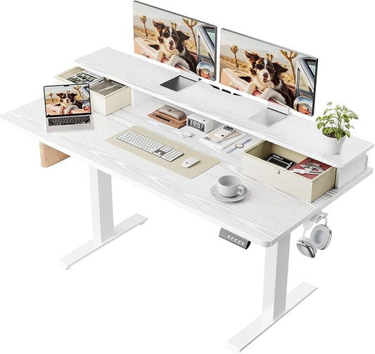 Veken 55x26 in Electric Standing Desk with Drawers, Adjustable Table, White | Stand up Computer Desk for Home Office, Work & Study, with Storage, 3 Memory Presets, Cable Organizer, Hook, and Quiet Lift.