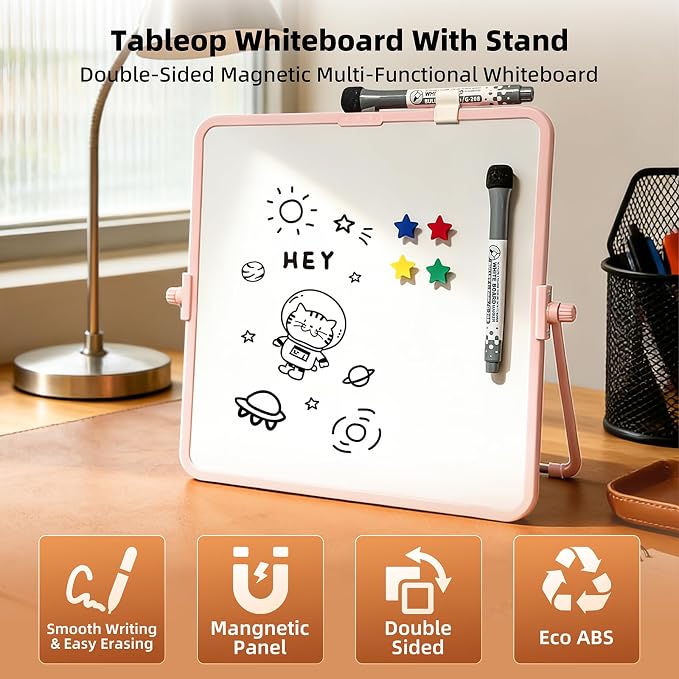 Colorful Dry Erase White Board 11x11in, Magnetic Desktop Board with Stand, 2 Markers (Eraser Head), 4 Magnets - Double-Sided Easel for Daily Planning, Office/Home/School (Pink)