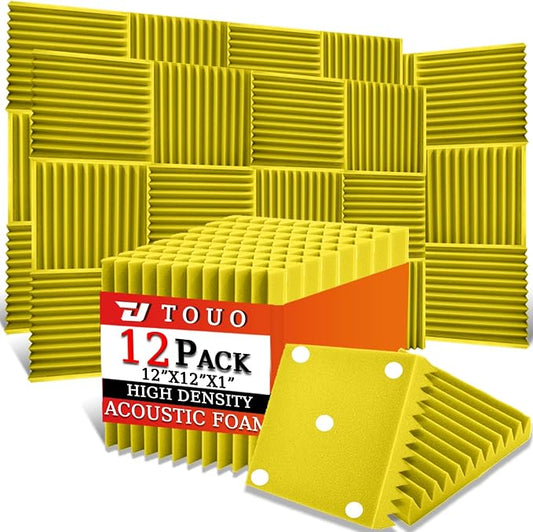 12 Pack Acoustic Panels – Sound Proof Foam Panels for Wall 12"x12"x1", Flame Retardant Wedge Acoustic Foam, High-Density Sound Absorbing Panels for Home Studio(Yellow, 1" Thick 12 Pack)