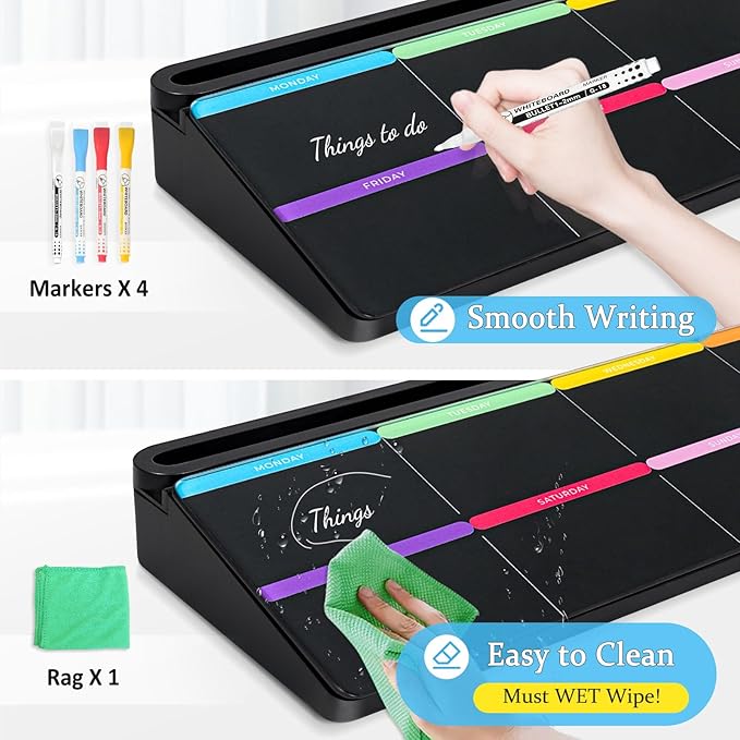 DOLLAR BOSS Glass Desk Whiteboard Calendar Small Dry Erase Board Desktop White Board with Storage Drawer Computer Keyboard Stand Desk Organizer, Colorful Weekly Calendar, Black