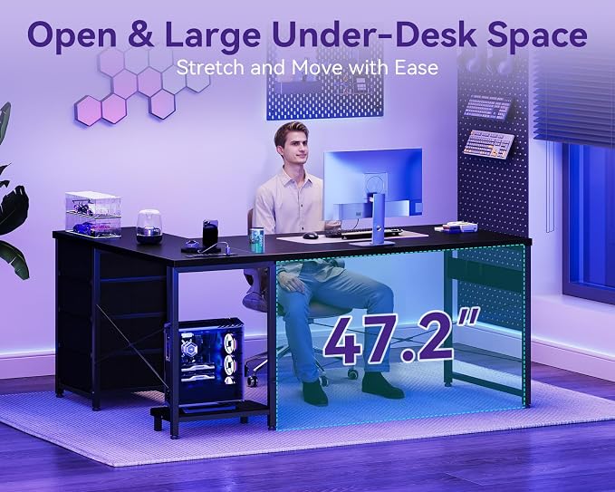 AODK 61" L Shaped Gaming Desk with 4 Drawers and Power Outlets, Black | USB Ports, PC Tower Stand, Hooks, Reversible Corner Layout for Gaming Rooms, Bedrooms and Home Office