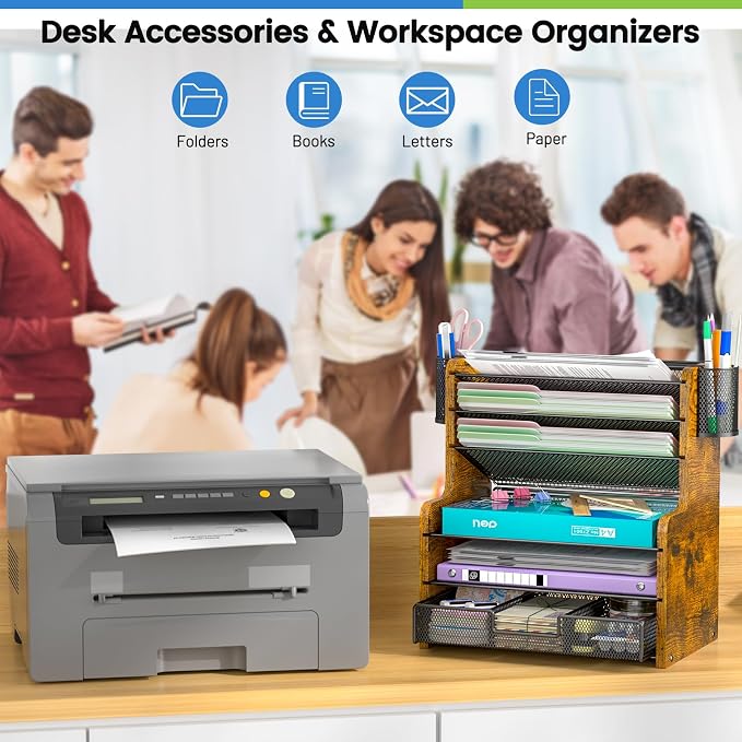 DAOUTIME 6-Tier Mesh Desk Organizer with Drawer, Wooden Office Organizer for Papers, Folders & Office Supplies - Sturdy Desktop File Holder with 2 Pen Holders - Space Saving Home Office Accessories