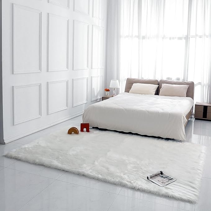 linmopm Faux Fur Rug White Sheepskin Shag 6x9 ft Rectangle | Fluffy Fuzzy, High-Density Cushion, For Bedroom Bedside Living Room, Plush Carpet, Sofa Cover