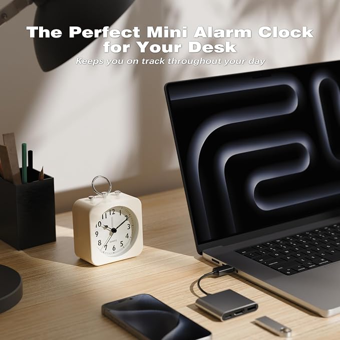 AYRELY® Small Metal Alarm Clock, Desk and Table Clock for Travel | Battery Operated Retro Silent Clock with Light for Bedroom, Bedside, Shelf and Living Room Decor (White)