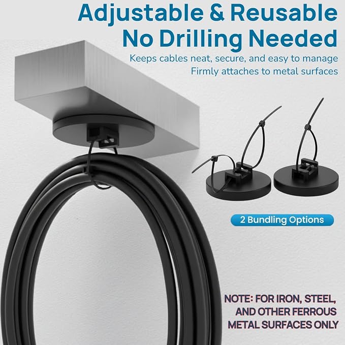 225 Pieces Magnetic Zip Tie Mount Set, 25 Magnetic Cable Tie with 200 Cable Ties, Strong Wire Management Cables Holder, Multipurpose Electrical Cord Holders Organizer (43mm)
