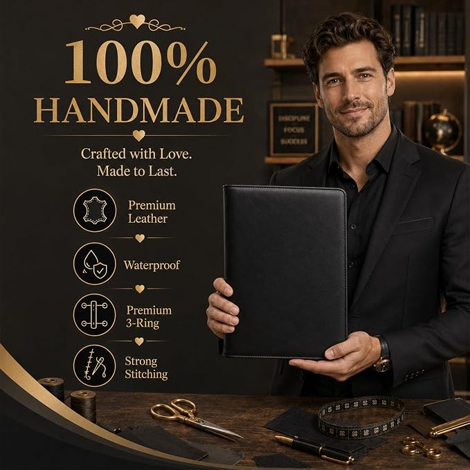 Darolin Leather Portfolio 3 Ring Binder Business Resume Folder -Black | Premium Padfolio Binder Fits A4, Letter Size, Document Organizer for Meetings, Interviews, Travel, Padfolio for Women Men