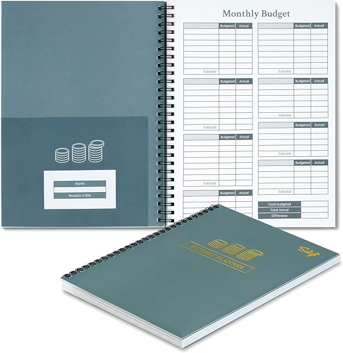 Monthly Budget Planner Book (Undated) with 12 Pockets for Income, Debt, Saving, Expense and Bill Tracker Organizer, Financial Planner for Men and Women, Dark Green, Spiral Design