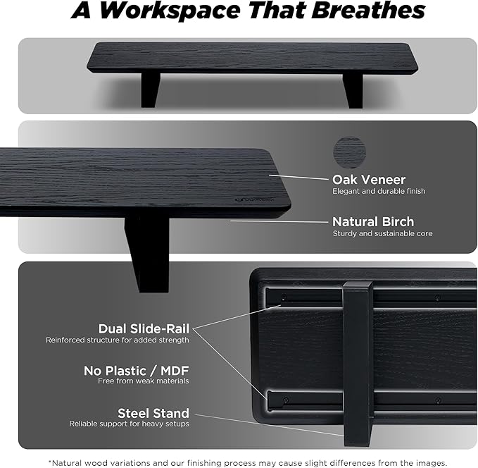 Moodular Wooden Monitor Stand Desk Organizer, Standard 33.4" Black | Customizable Organized Workspace, Aluminum Slide Rails, 10 Add-Ons Sold Separately: Storage Drawer, Tablet, Phone & More
