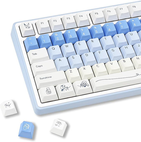 White & Blue PBT Keycaps, Cherry Profile Dye-Sublimation Keycap 130 Keys for 60%/65%/75%/100% Cherry MX Switches Mechanical Keyboard