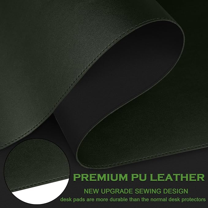 Double-Sided Office Desk Mat, Large Mouse Pad, Waterproof PU Leather Protective Pad, Laptop Desk Pad, Dual Use Cover Protector for Office/Home Keyboard (Dark Green+Black, 31.5''×15.8'')