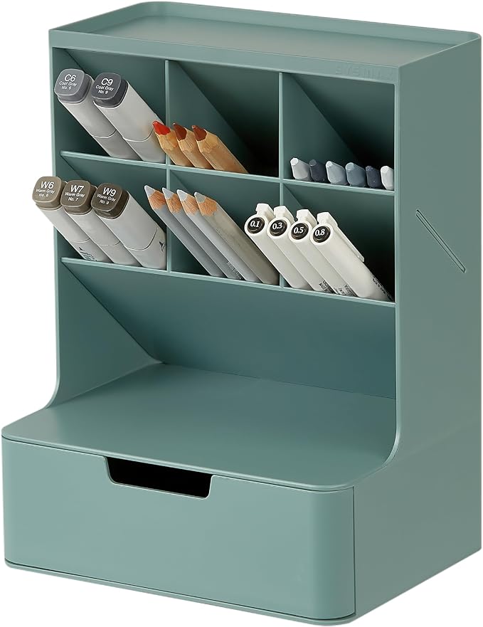 BLUE GINKGO Hive Pen Desk Organizer, Green, Made in Korea | 6 Compartments. Full Drawer. Everyday Storage.