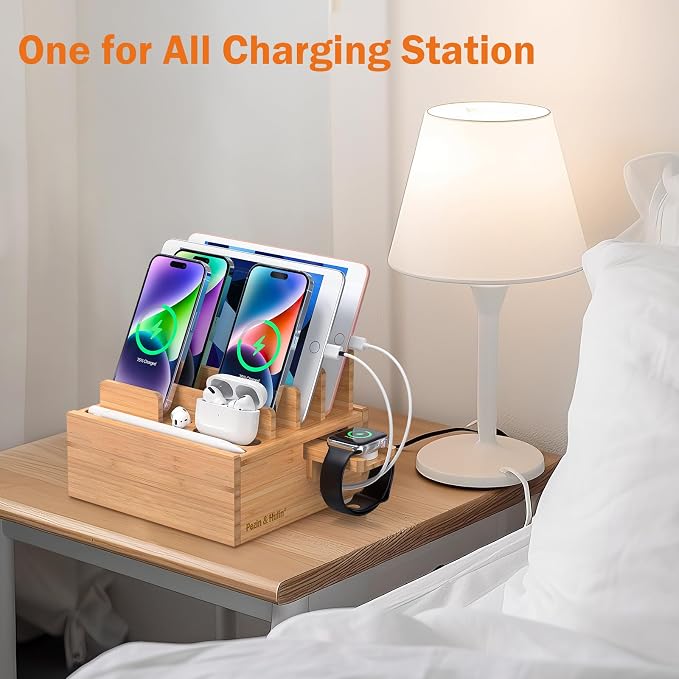 Pezin & Hulin Bamboo Charging Station for Multiple Devices with 5-Port HUB | Desktop Organizer, Wooden Docking Stations, All-in-1 Bamboo Dock Rack for Phones, Tablets, Watch–with 5 Cables