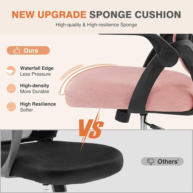 Sweetcrispy Home Office Managerial Executive Chair, Flip Up Armrest Ergonomic Mesh Adjustable Swivel Mid-Back Computer Desk Chair with Comfortable Lumbar Support, Comfy Arms for Bedroom,Blak&Pink