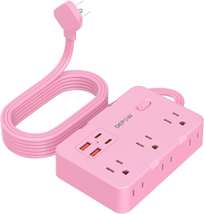 DEPOW Pink Power Strip, 5FT Extension Cord with 6 AC Outlets（1625W/13A 4 USB Ports (2 USB C), 1050J Surge Protector, Flat Plug Wall Mountable Charging Station for Dorm Room Desk Bedroom Kawaii Decor
