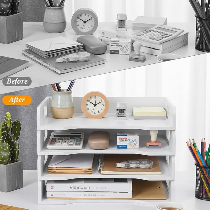 Wooden Stackable Paper Trays 4-Tier Wooden Paper Organizer for Desk Letter Documents Woodens Desktop File Organizers for Desktop File Holder and Office Supplies Rack for Home Office Use(White)