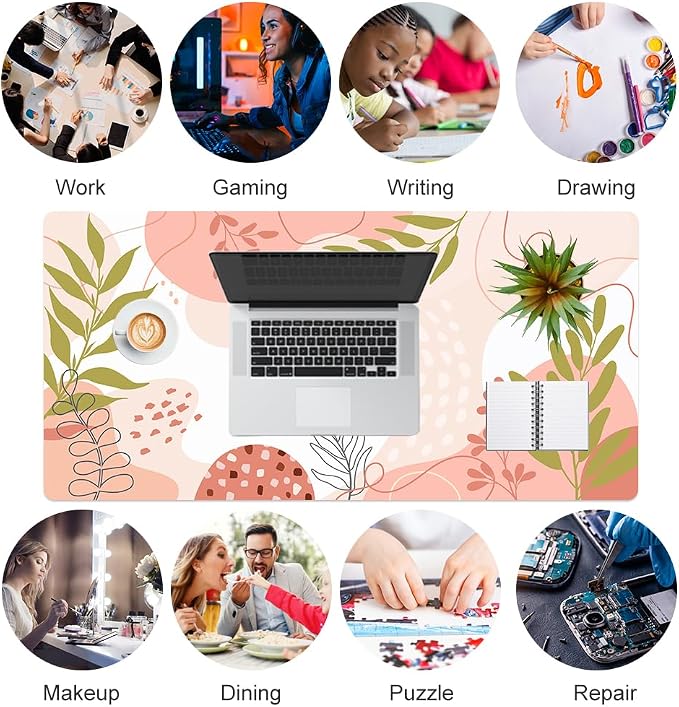 QiyI Large Mouse Pad, Cute Desk Mat for Desktop, Women Girls Minimalist Pink Office Desk Accessories, PU Leather Waterproof Gaming Mousepad, Tropical Leaves Desk Pad Computer Mat, 31.5" x 15.7"