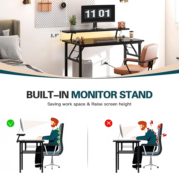 sogesfurniture 47 inch Computer Desk with LED Lights & Power Outlets, Folding Desk with Monitor Shelf, Wide Folding Table Writing Desk Foldable Home Office Desk, Black