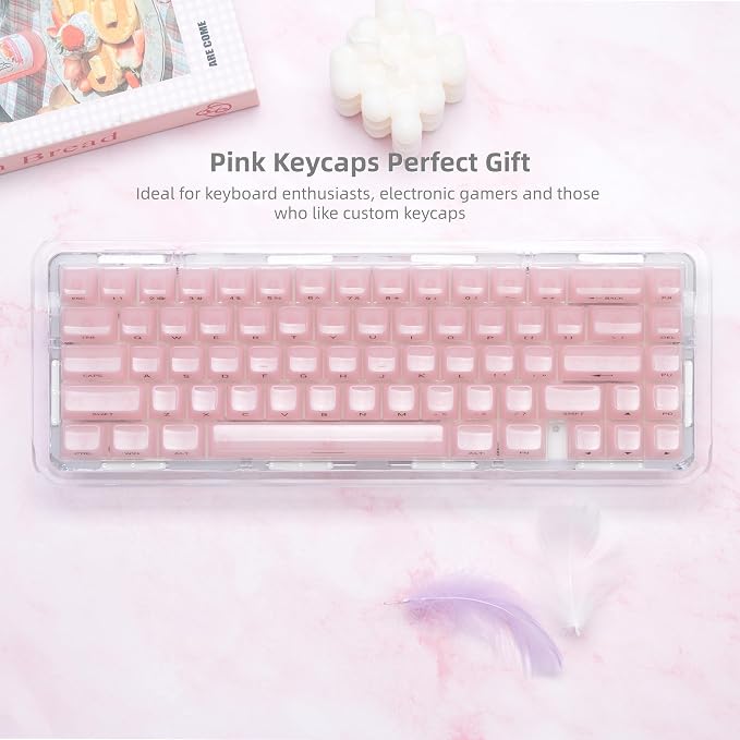 Womier Keycaps Jelly Pink, Ceramic Keycaps Style, Clear Shine Through Keyboard Key Cap Side Printed Custom 60 65 75 100 Percent for Cherry MX, Outemu, Gateron Mechanical Keyboards(MDA Profile)