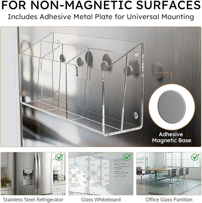 AITEE Large Magnetic Acrylic Fridge Organizer with 4 Strong Magnets | command center, non-slip pads, multi-compartment holder, stores mail bills pens scissors, for home kitchen office storage