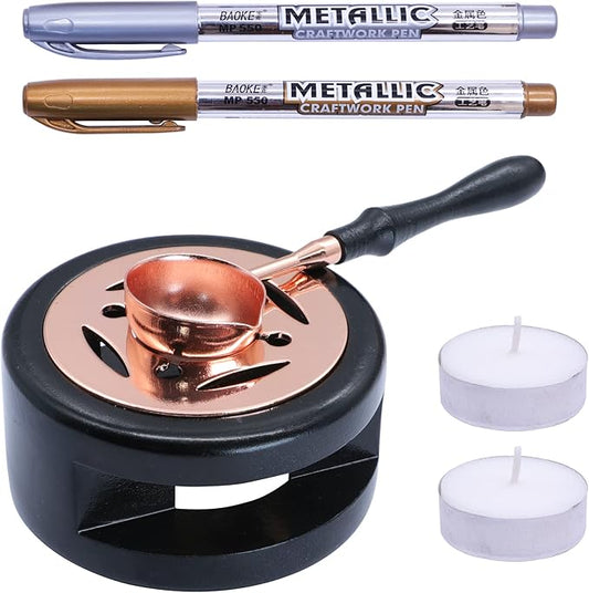 SWANGSA Wax Seal Warmer Kit, Sealing Wax Furnace Tool with 2pcs Pens, Spoon and 2pcs Candles for Wedding Invitation Envelope Letter Seals (Black)