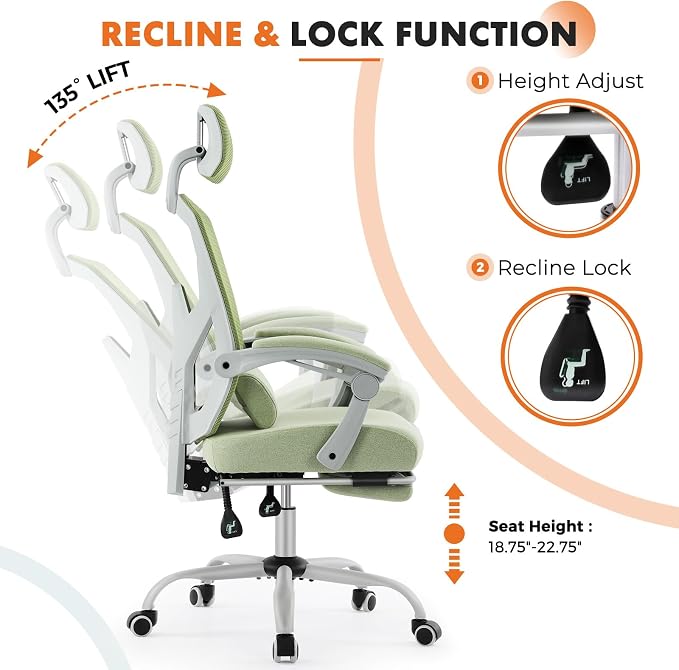 Sweetcrispy Office Computer Desk Chair, Ergonomic High-Back Mesh Rolling Work Swivel Chairs with Wheels, Comfortable Lumbar Support, Comfy Arms for Home, Bedroom, Study, Student, Green