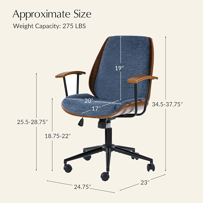 HULALA HOME Solid Wood Office Chair with Tilt Function & Metal Base, Navy | Mid Century Modern Desk Chair with Bent Wood Frame, 360° Swivel Fabric Computer Task Chair, Height Adjustable