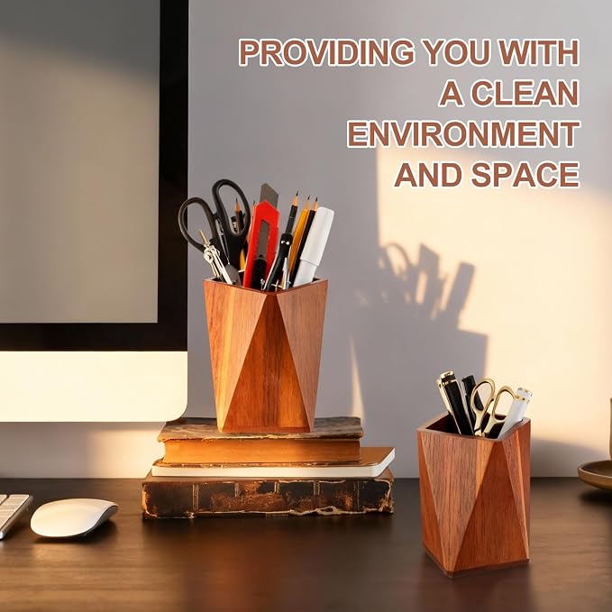 2 Pcs Wood Pen Pencil Holder Geometric Pencil Cup Stand Makeup Organizer for Pen Holder Desk Home Office Adults (Acacia Wood)