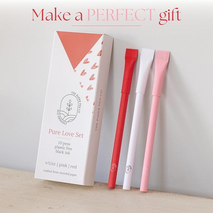 Paper Pen, Crafted From Recycled Paper, Metal Ink Insert, Plastic-free, Eco-friendly, Back to School, Sustainable Office Supplies, Goodie Bag Gift, Valentines Day, Black Ink, Pack of 10, Pure Love set